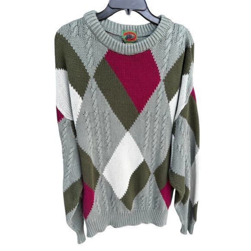 BOSTON TRADERS heavy green maroon diamond cable knit sweater oversized sz L